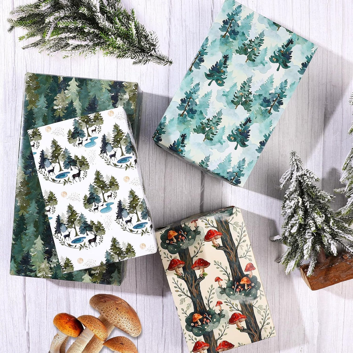 Pineraap Forest Wrapping Paper 12 Sheets Watercolor Mushroom & Woodland Theme Gift Wrap for Nature Lovers,Rustic Parties,DIY Craft,20"×28"