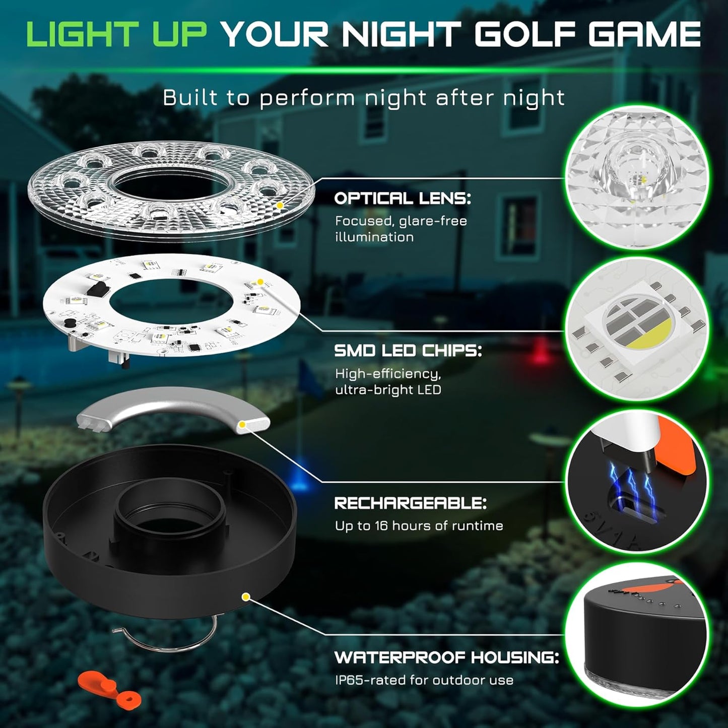 KINGTOP Rechargeable LED Golf Hole Light - Waterproof, Focused Illumination Lens, Remote-Controlled, Perfect for Backyard Night Golf Practice Putting Green Cup Lights, Camping, Outdoor Party