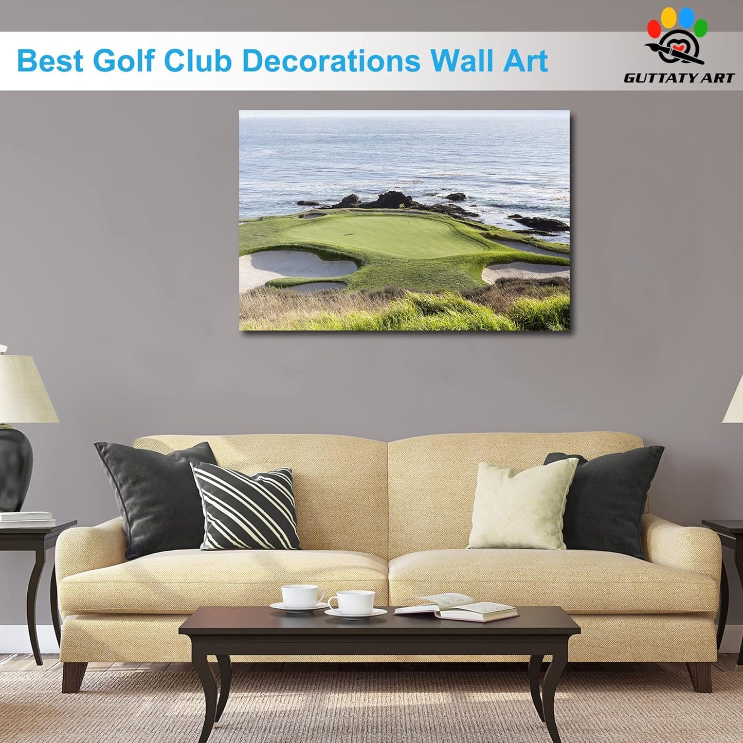 Pebble Beach Golf Course Canvas Wall Art, Modern Pebble Golf Links Picture for Living Room Wall Decor, Golf Poster Prints for Gym Home Decor, Framed Artwork for Office Bathroom Decor 32x48 Inches