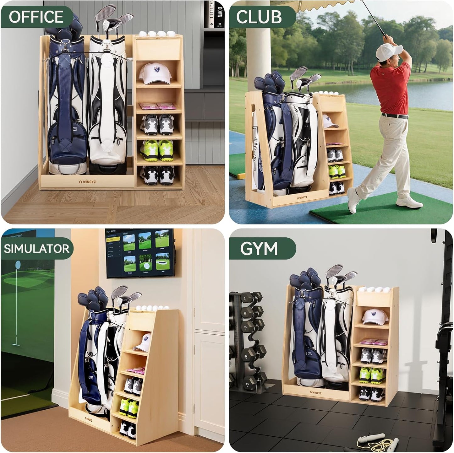 wingyz Wooden Golf Storage Organizer for Garage Fits 2 Bags for Any Level Golfer Great Gift, Golf Bag Rack Club Holder with 12-Ball Display Rack and 5 Shelves for Equipment Accessories