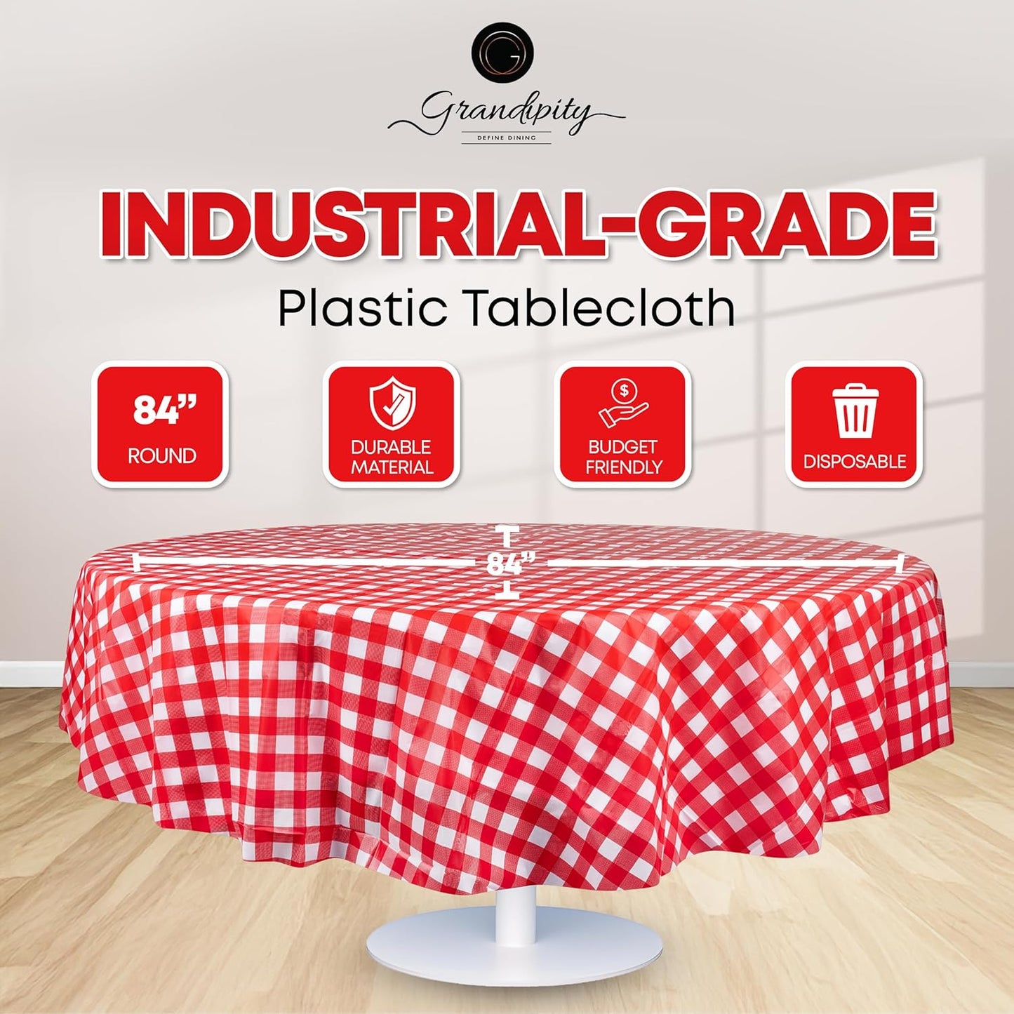 Grandipity 12 Pack Premium Disposable Plastic Picnic Tablecloth 84" Inch Decorative Round Table Cover - Red Checkered Gingham