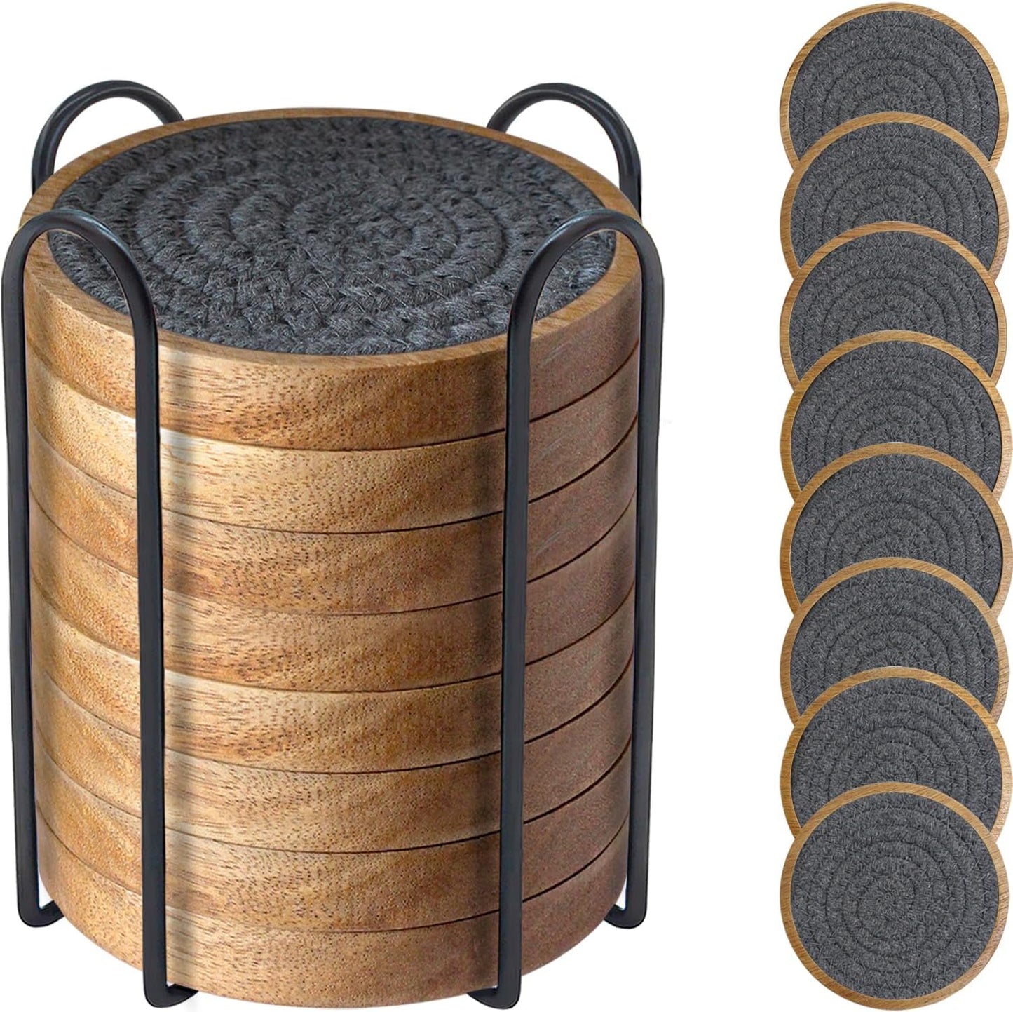 Coasters for Drinks Absorbent Sets of 8, Woven Coasters with Holder, Wood Coasters for Coffee Table, Housewarming Gift for Farmhouse Home Decor, 4 inches Gray