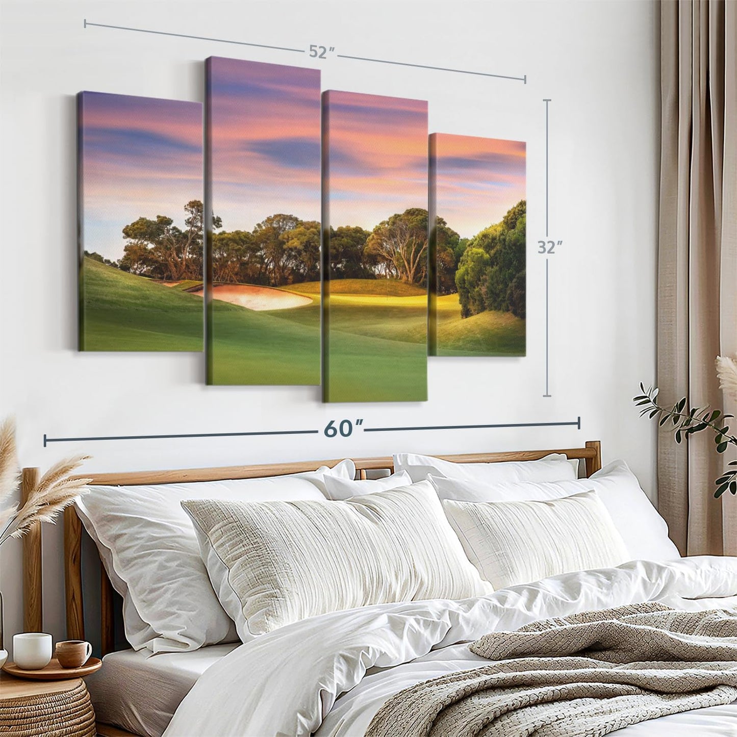ElephantStock Golf Course Sundown Wall Art - Horizontal Canvas - 4-Piece Living Room Wall Decor - Photography Sports Canvas Print - Orange and Blue Decor for Wall - 52" X 32"