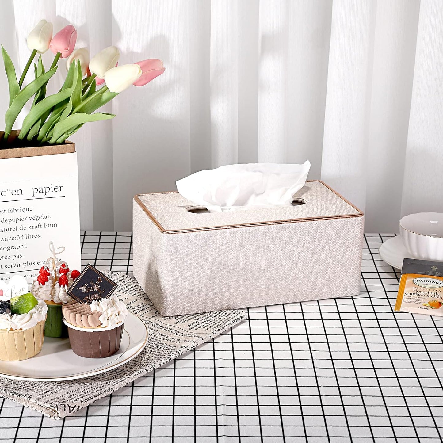 Sumnacon Rectangular Linen Tissue Box Cover - Stylish Tissue Box Holder with Magnetic Bottom, Decorative Tissue Box for Bathroom Toilet Vanity Night Stand Table Countertop Office, Beige Linen Texture
