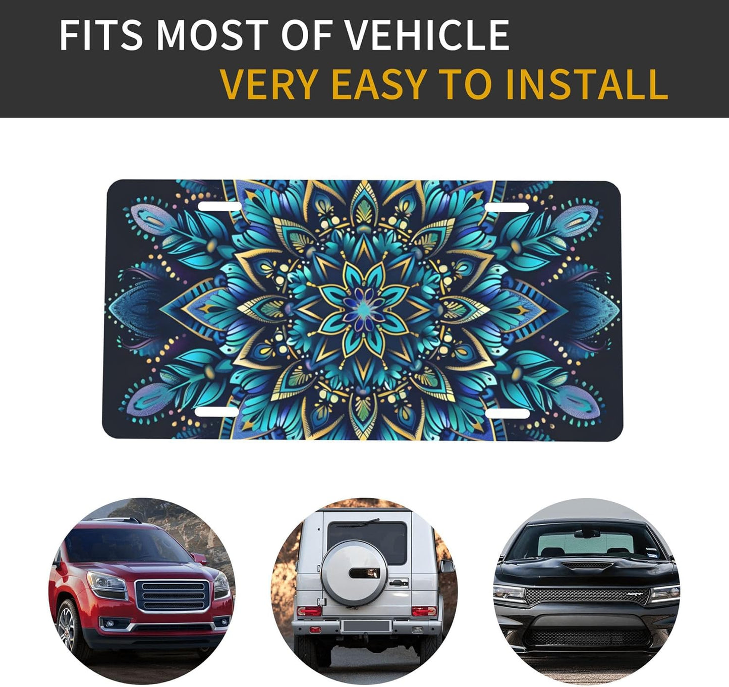 Blue Turquoise Mandala Flower Front License Plate for Car Designs Stainless License Plate Cover Holder for Men Women Metal Aluminum Decorative Accessory Vanity Tag Standard 6 X 12 Inch (4 Holes)