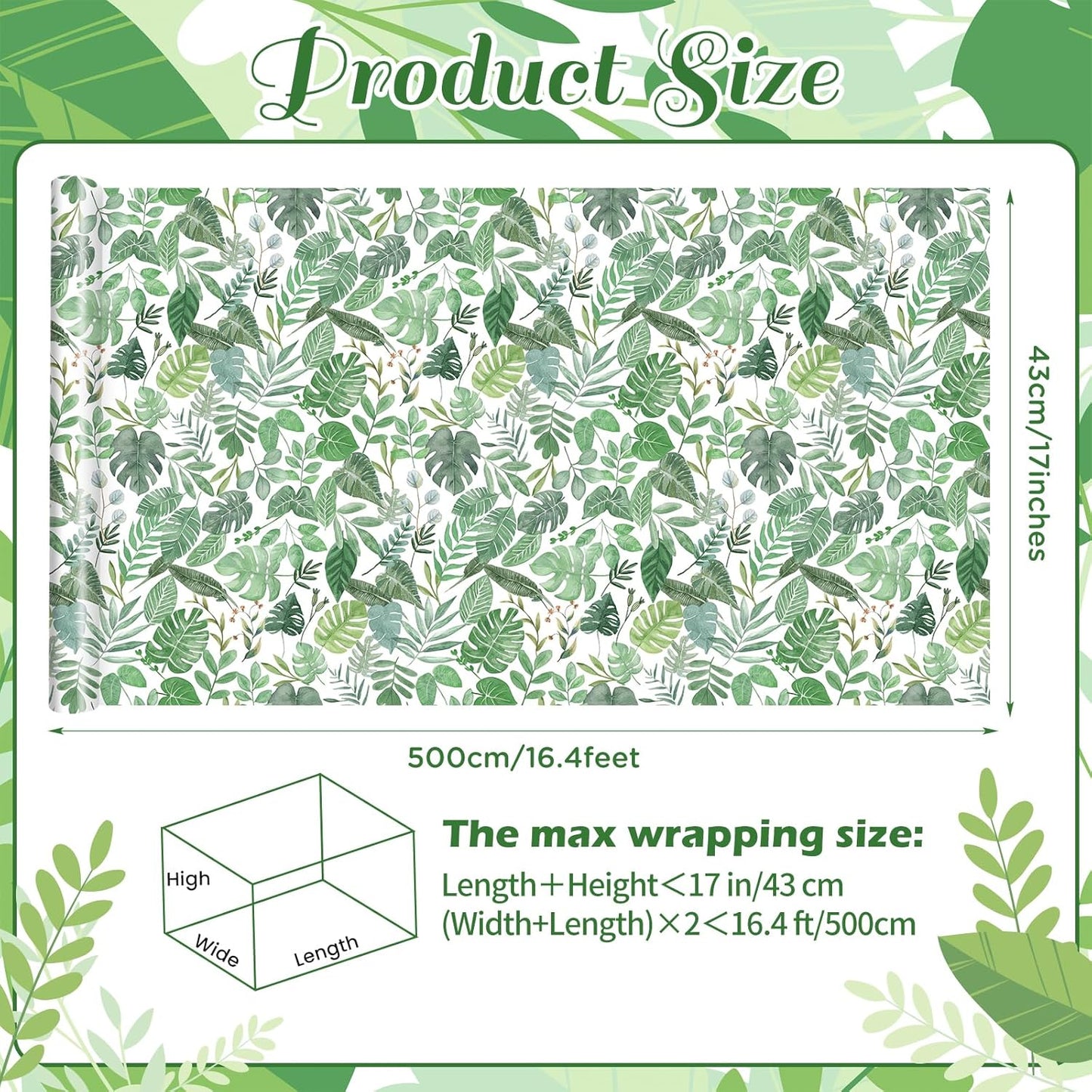 Pineraap Greenery Wrapping Paper Roll - 17Inch x16.4Feet - Green Leaves Wrapping Paper Green Botanical Leaves Gift Wrap for Wedding,Bridal Shower,Party