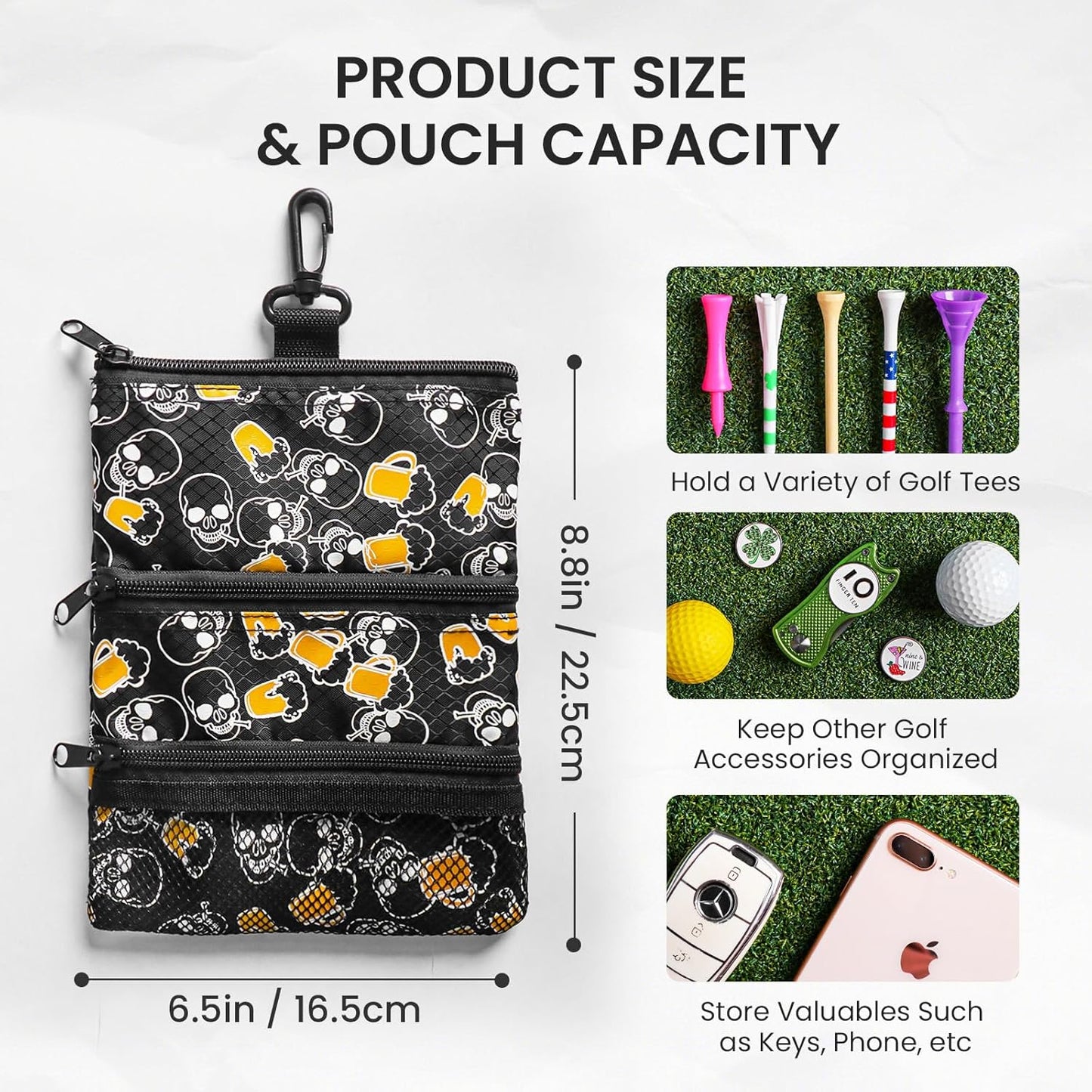 Golf Bag Accessories Valuables Pouch Bags Multi Pocket Zipper Hook with 10 Pcs Wood Golf Tees for Men Women