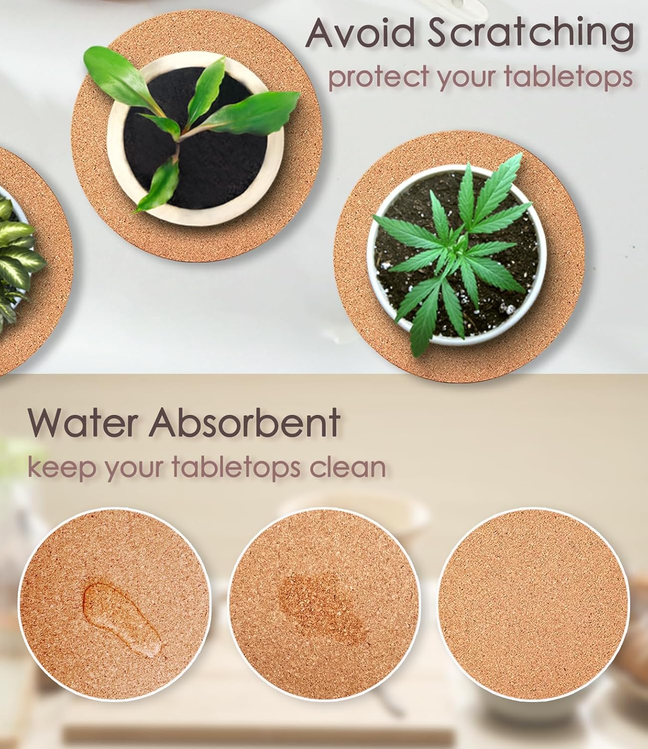 Cork Coasters - Double Layered Thick Cork Planter Coasters, 6 Inch Absorbent Mats, Trivets for Hot Dishes, House Plants - 4 Pcs