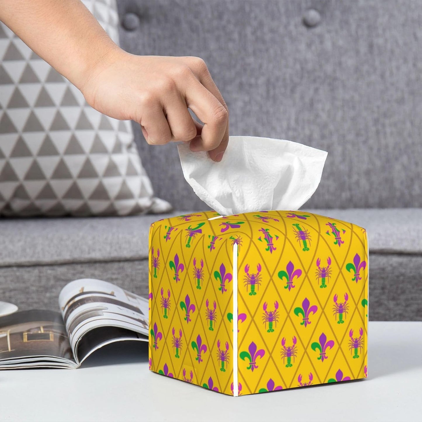Tissue Box Cover Holder, Mardi Gras Crayfish and Fleur De Lis PU Leather Square Tissue Box Cover Decorative Organizer for Bathroom Kitchen Bedroom Vanity Countertop Night Stands