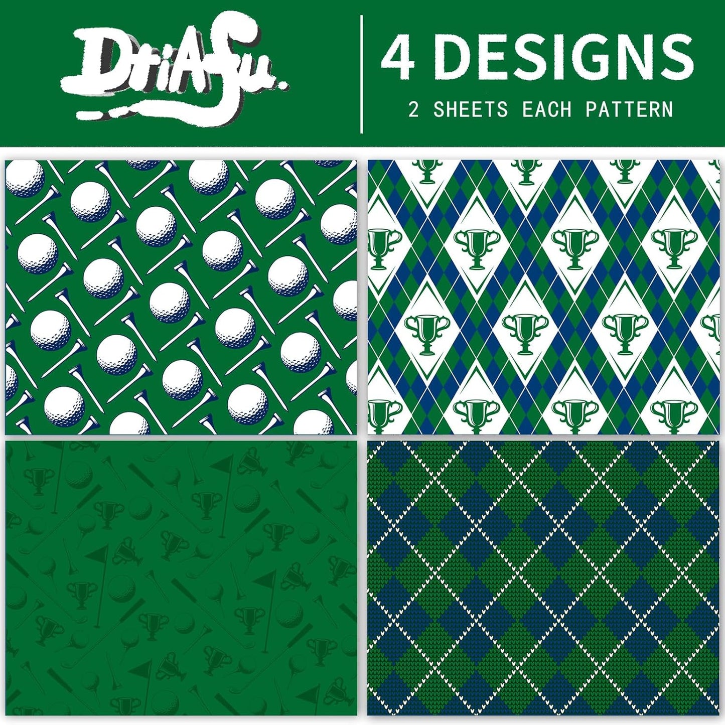 Dtiafu Golf Wrapping Paper for Men Boys Girls - 8 Sheets Green Elegant Gift Wrap with 4 Golf Champions Plaid Patterns for Birthday - Pre Cut& Folded Flat Design(20 X 27 Inch Per Sheet)