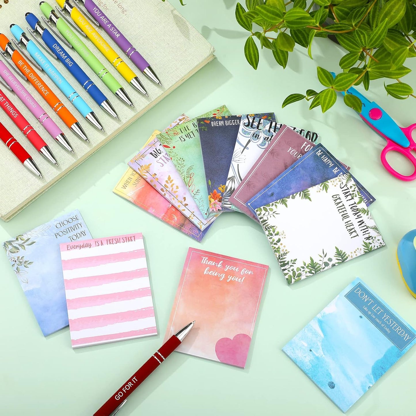 Geyee 24 Pcs Inspiration Sticky Notes with Funny Pens Fun Notepads for Adults Coworkers Nurse 3 x 4 Inch to Do List Notepads with Sayings Pen for Lab Week Gifts Teacher Office Supplies