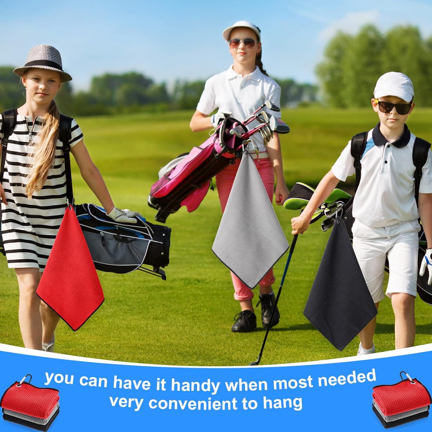 Batiyeer 12 Pcs Golf Towel Bulk for Golf Bags 16'' x 16'' Microfiber Fabric Towel with Clip Waffle Pattern, Fitness, Camping, Hiking, Yoga