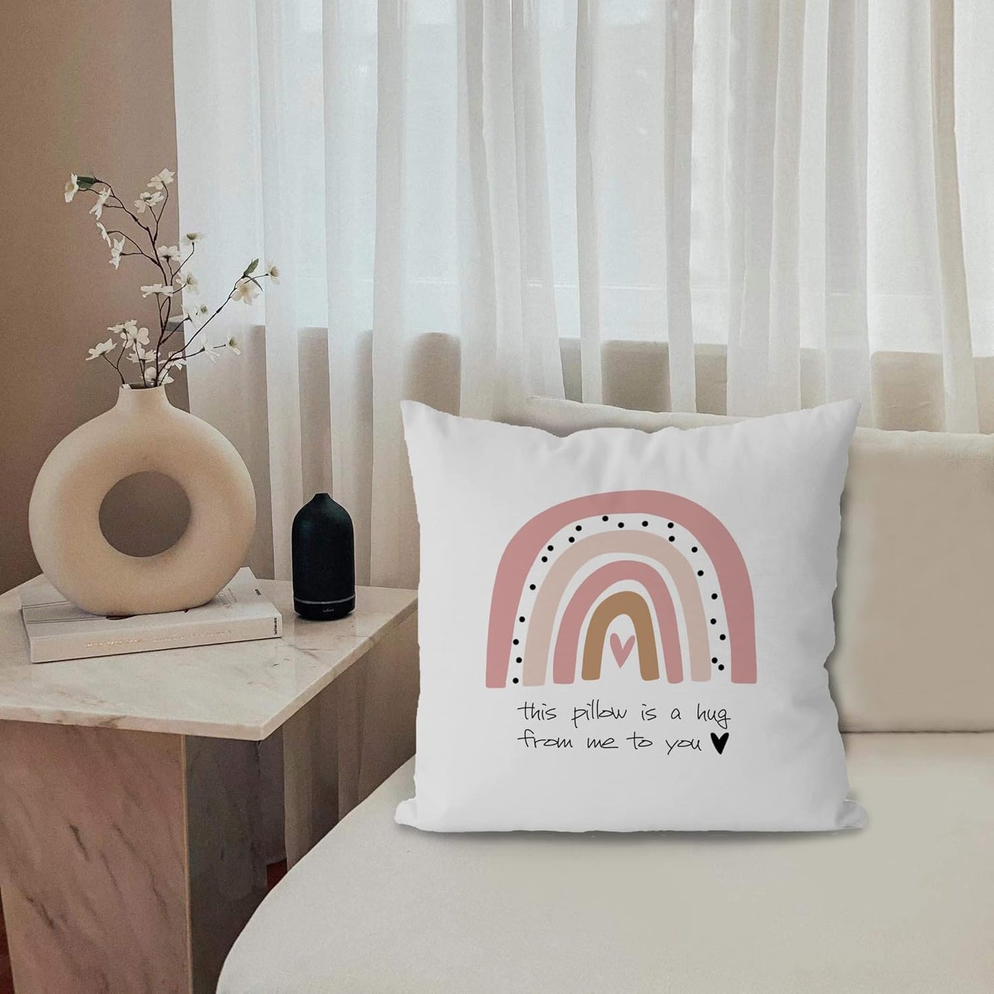 KEUSPI Pink Boho Rainbow This Pillow is a Hug from Me to You Decor Pillowcase Throw Pillow Cover 18x18 Inch,Pink Boho Rainbow Home Decor Decorations Pillow Cover,Gifts for Long Distance Relationship