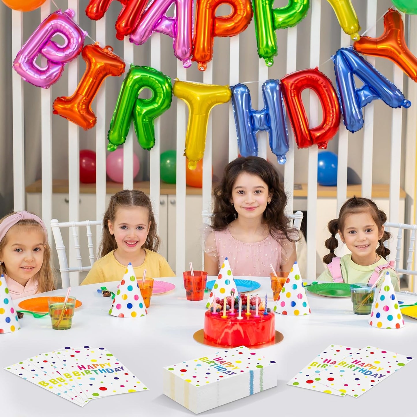100 Pieces Happy Birthday Napkins Disposable Rainbow Polka Dot Party Napkins 7.8 x 4.3 Inch Colorful Paper Cocktail Napkins Birthday Supplies for Baby Shower Birthday Party Decorations