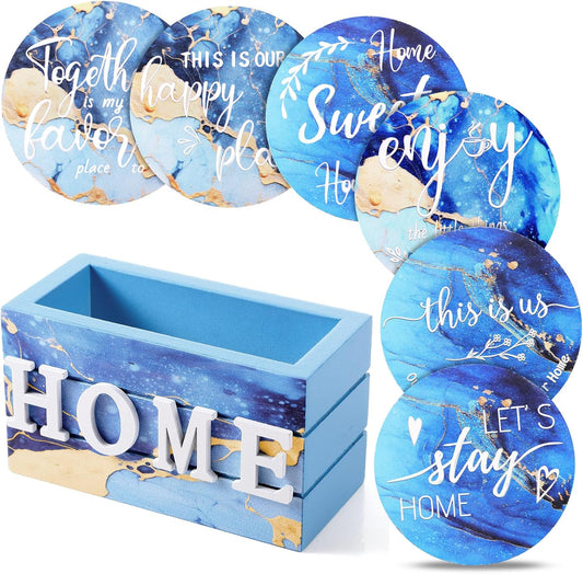 Queekay Housewarming Gifts for Home Decoration Wooden Heart Coasters for Drinks 6 Set Farmhouse Coasters with Holder Funny for Family Coffee Table Protection, 4''(Gilded Blue)