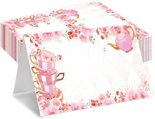 Tea Party Place Cards, Garden Floral Tea Cup Table Place Cards For Table Setting, Pink Name Cards For Birthday Baby Shower Girls Party Ladies Event Dinner Wedding, 25 Cards Included -06