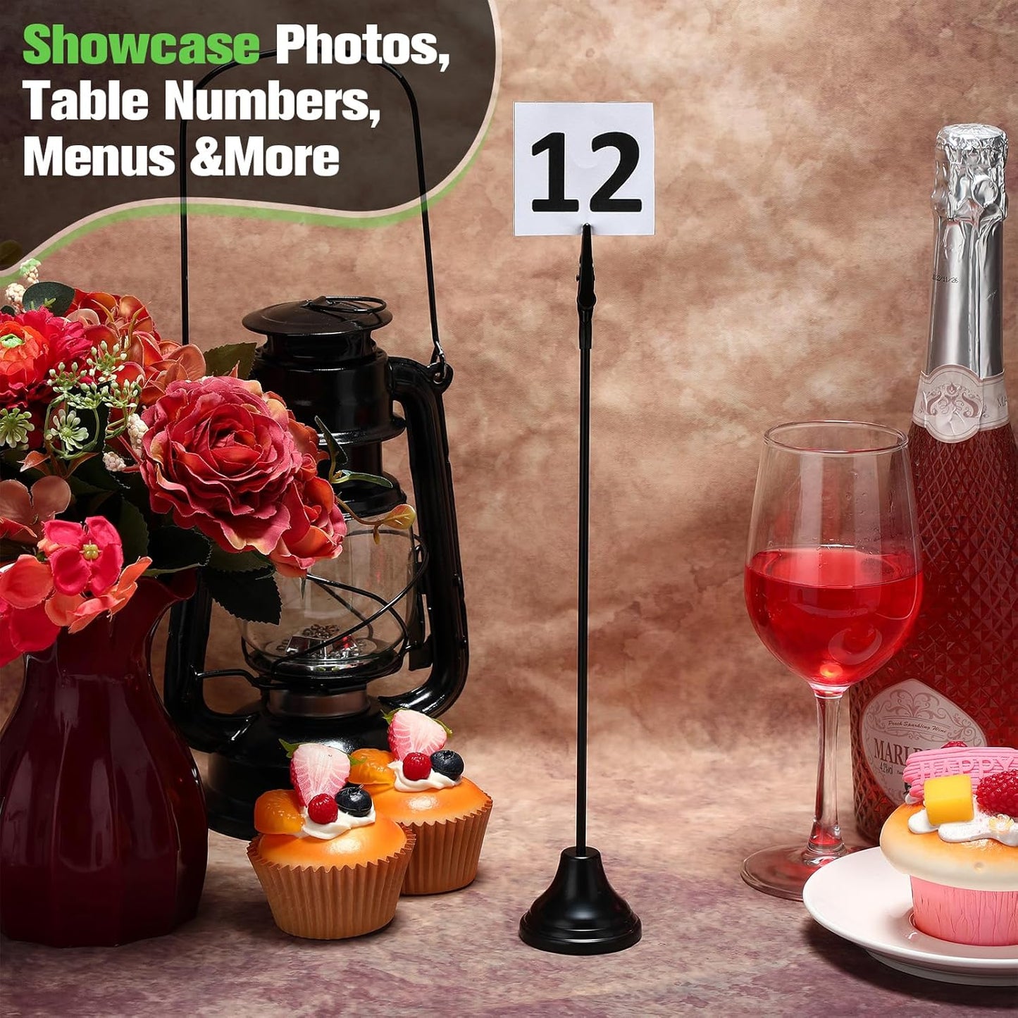 Skyygemm 12 Pcs Table Number Holders 12 Inch Place Card Holder with Alligator Clip Metal Place Card Stands Table Sign for Photos, Food Signs, Birthdays, Weddings (Black)