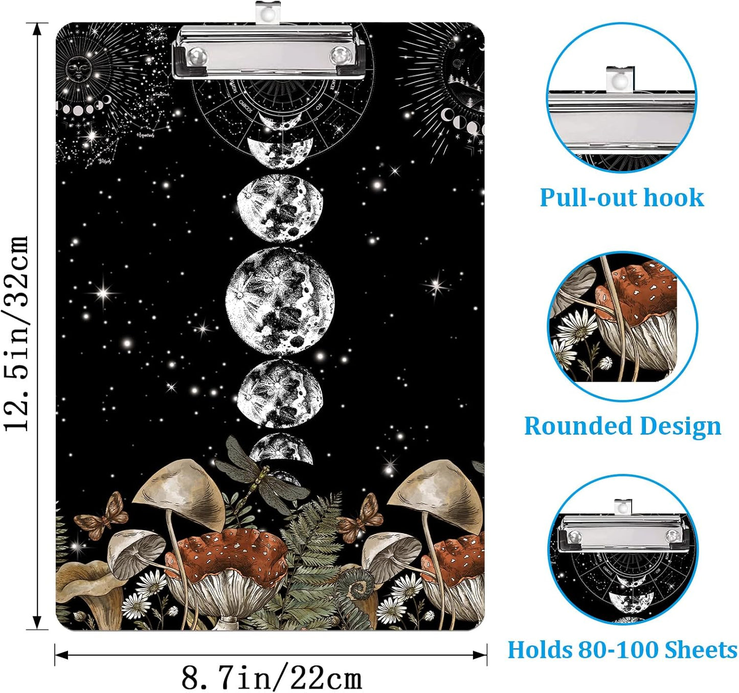 Vintage Mushroom and Moon Phase Clipboard A4 Letter Size Plastic Decorative Clipboards for Teacher,Nurse Doctor Student and Kid Cute Design for Standard Size 12.5 x 8.7