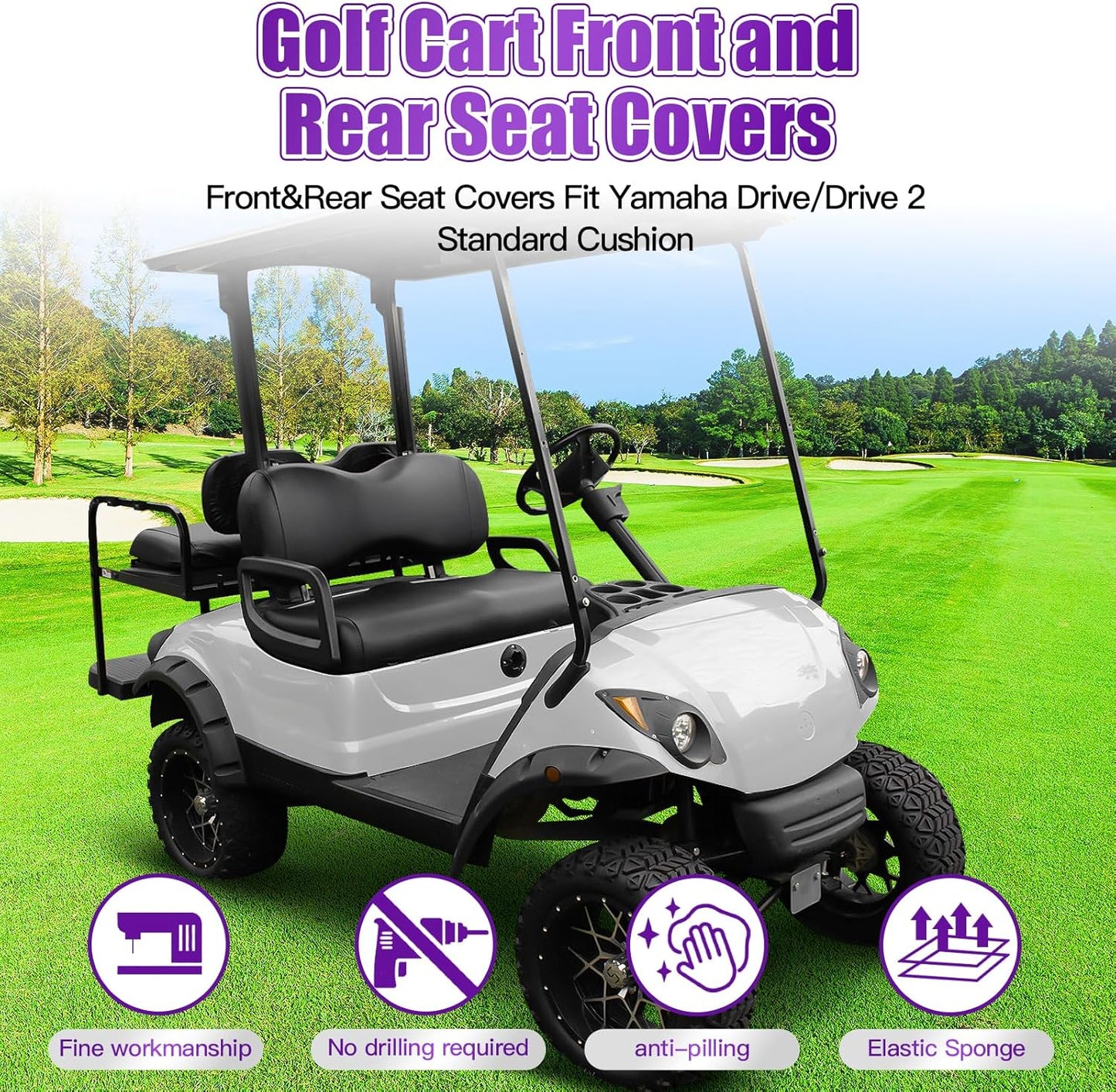 4PCS Golf Cart Seat Covers Kit,Front and Rear Seat Cover for Yamaha Drive/Drive 2 Standard Seat Cushion,Smooth and Simple Style, Waterproof Replacement Seat Cover(Black)