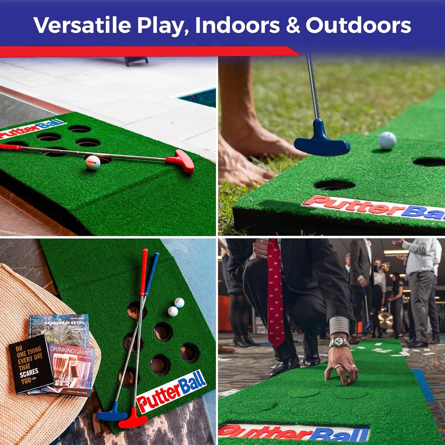 PutterBall Original Golf Putting Game Set – Backyard 12 ft Putting Green Pong Style Golf Mat with 2 Putters, 2 Balls & Hole Covers (PutterBall Original)