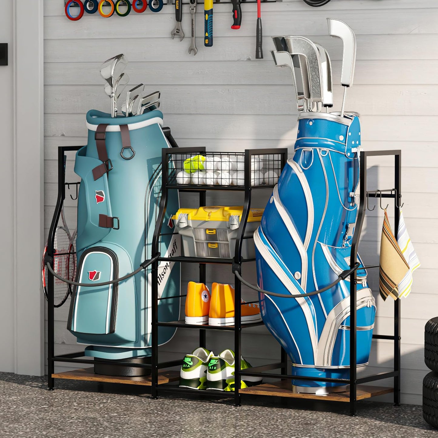 Golf Bag Storage Organizer for Garage Organization, Golf Bag Stand for Golf Bag Accessories, Spacious Golf Rack for Golf Clubs & Golf Essentials, Ideal Golf Gifts for Men (Fits 2 Golf Bags)