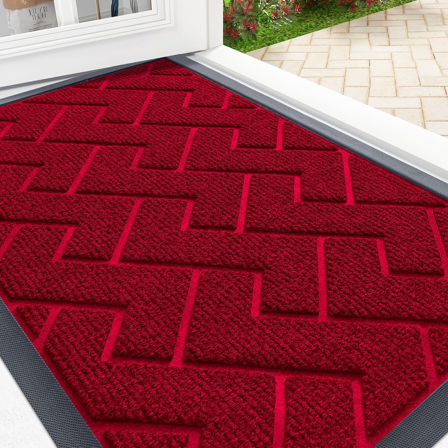 OLANLY Front Door Mat Indoor Outdoor Entrance, Waterproof All-Season, All-Weather Doormat, Sturdy Natural Rubber, Low Profile, Easy Clean Patio Porch Entryway Mat, Herringbone Brick (Wine Red, 47x23)