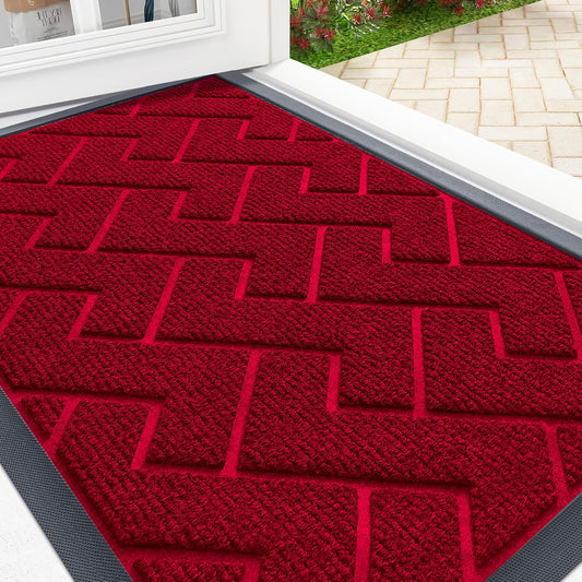 OLANLY Front Door Mat Indoor Outdoor Entrance, Waterproof All-Season, All-Weather Doormat, Sturdy Natural Rubber, Low Profile, Easy Clean Patio Porch Entryway Mat, Herringbone Brick (Wine Red, 47x17)