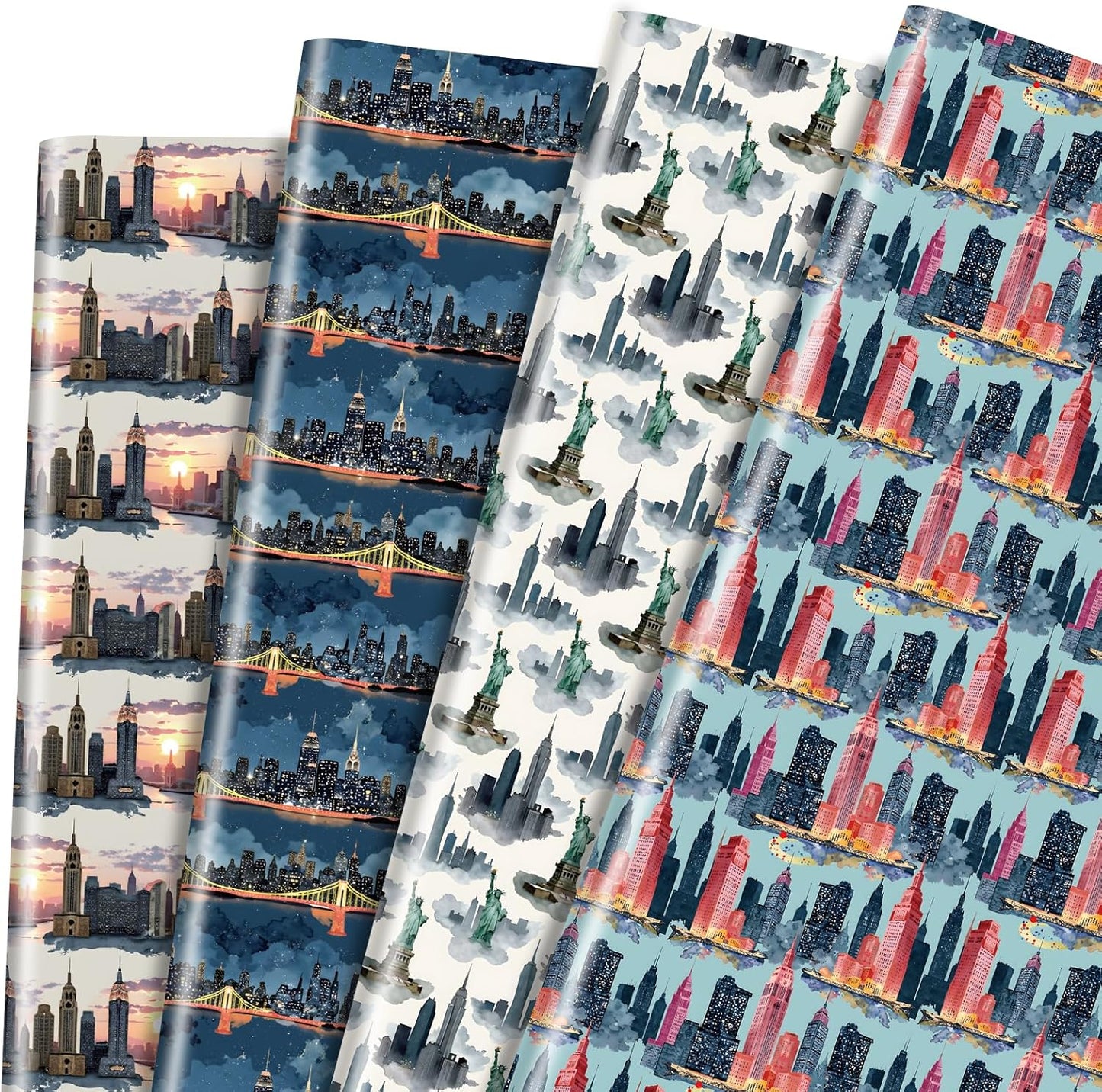 Pineraap New York City Wrapping Paper 12 Sheets Watercolor Skyline Themed Gift Wrap for NYC Lovers,Tourists,20"x28"