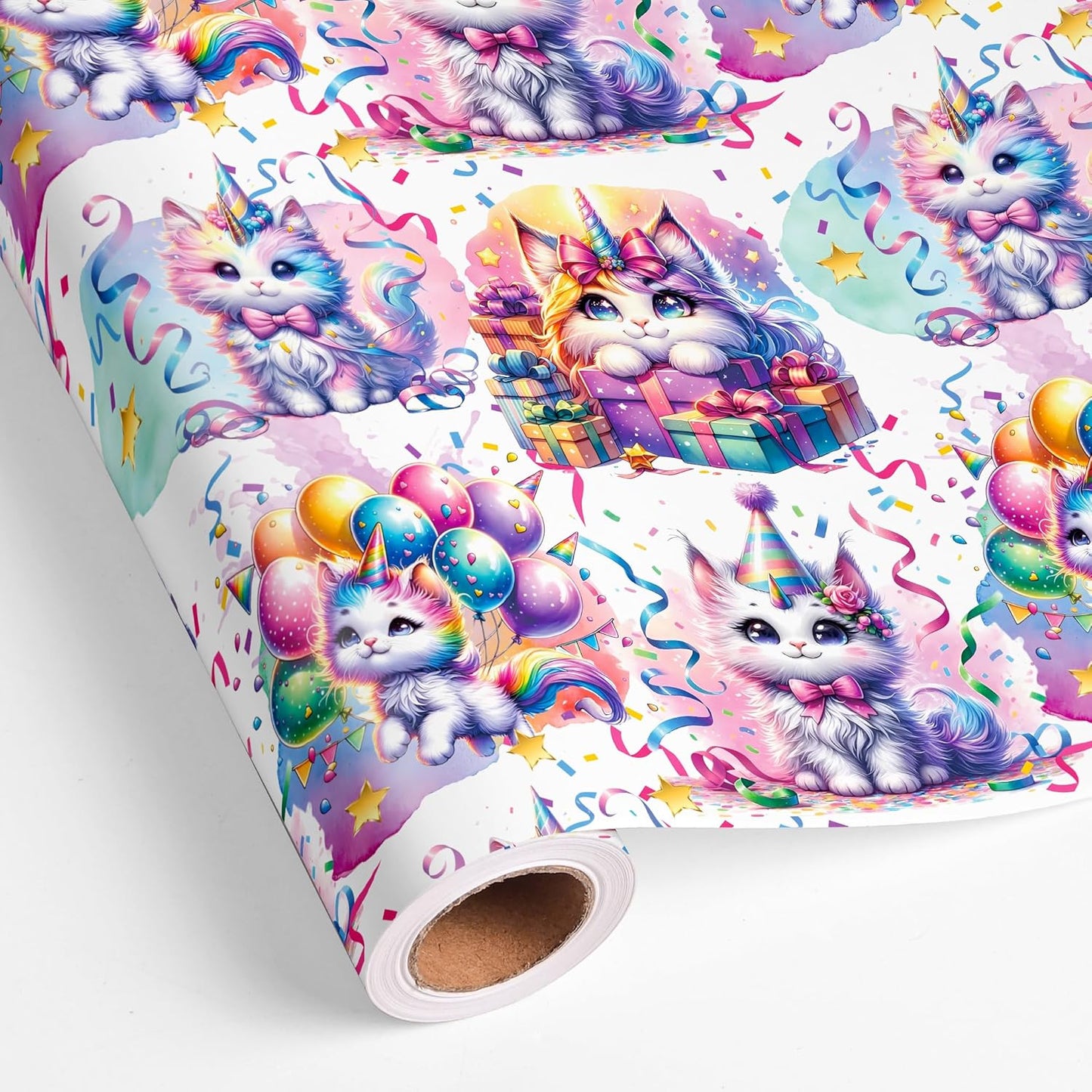 Vnaaem Cat Birthday Wrapping Paper Roll for Girls Kids - Colorful Cat and Confetti Design Gift Wrap for Holiday Party Baby Shower Wedding Birthday - 17 in x 20 ft(Total 28.5sq.ft)