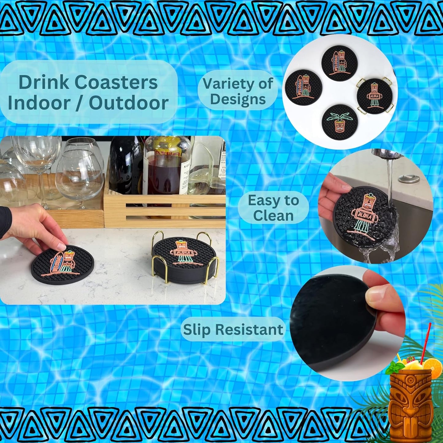 Tiki Bar Warriors Coasters Set of 6 with Holder, Bar Decor Silicone Coasters with Welcome, Aloha and Warrior, Luau and Hawaiian Decor Black Coaster, Outdoor Tiki Rubber Decorations