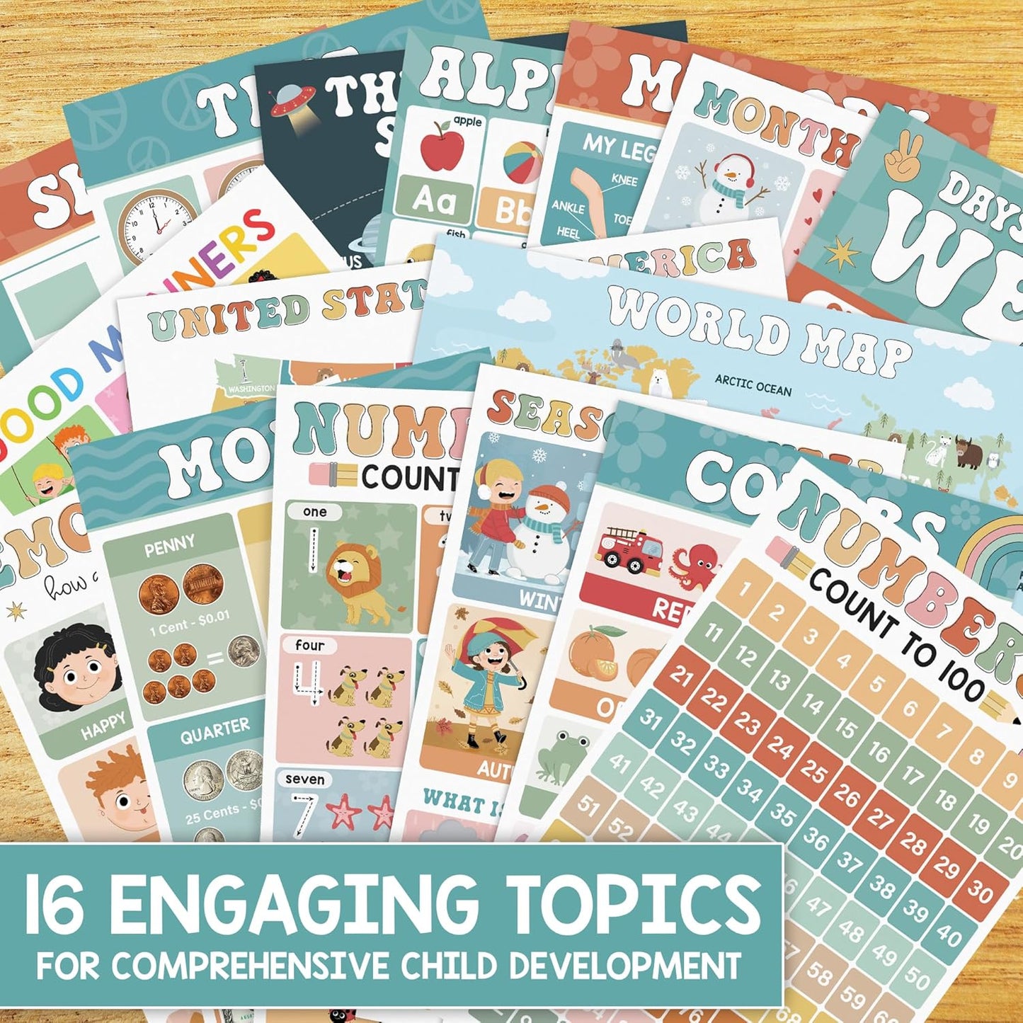 BEAWART 16 Boho Groovy Educational Posters for Preschoolers - Laminated Pre-K and Kindergarten Learning Poster Charts for Toddlers 1-3-5 - Homeschool and Classroom Decor for Kids' Walls