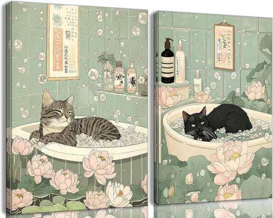Japanese Cat Bathroom Canvas Wall Art Cute Funny Black and Tabby Cat Poster Prints Zen Lotus Style Painting Pictures Animal Bathtub Wall Decor for Bathroom Toilet Home & Spa Framed