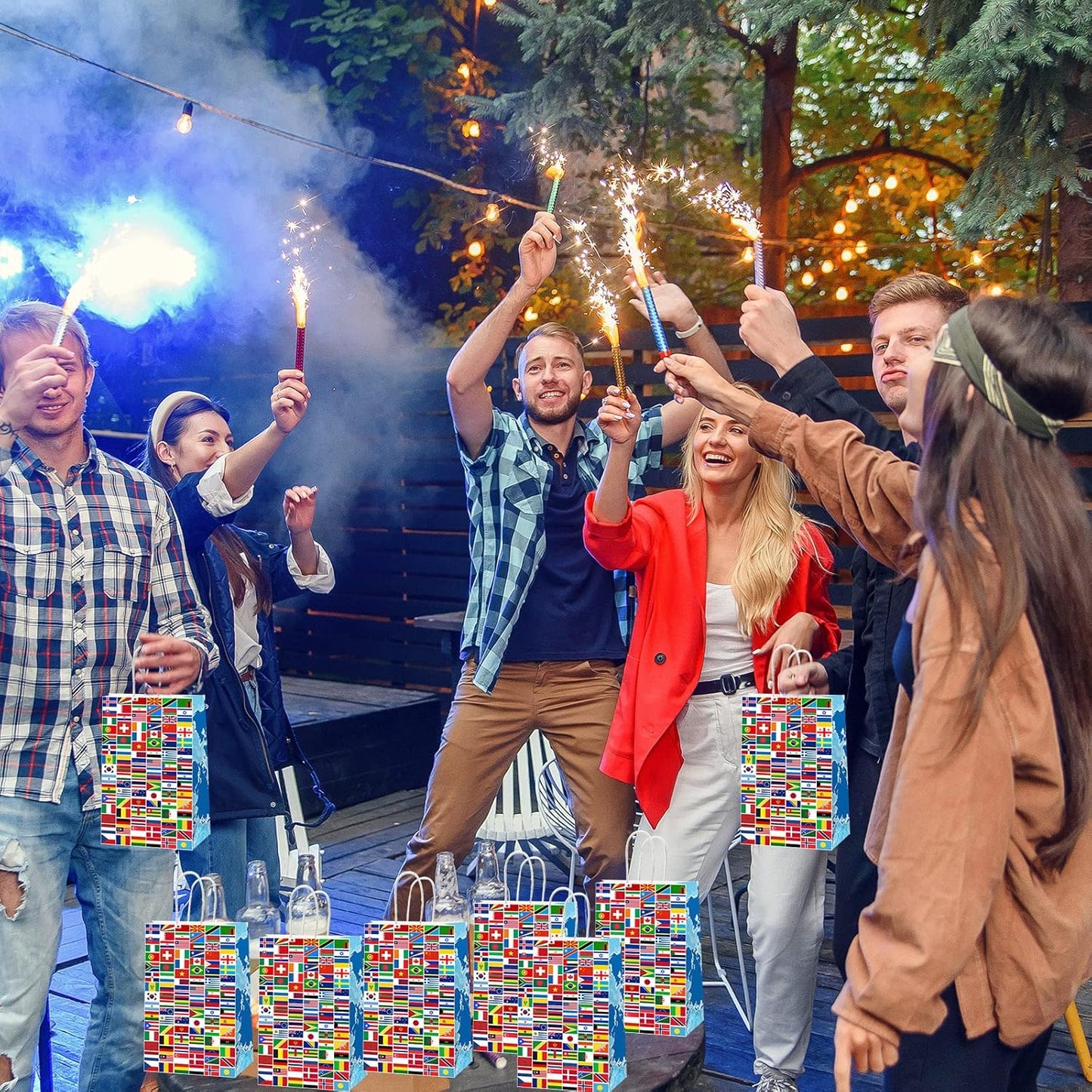 12 Pcs World Country Flags Party Supplies Bags International World Birthday Party Goody Bags Travel Trip Around the Globe Birthday Retirement Paper Bags Party Decorations Party Gifts