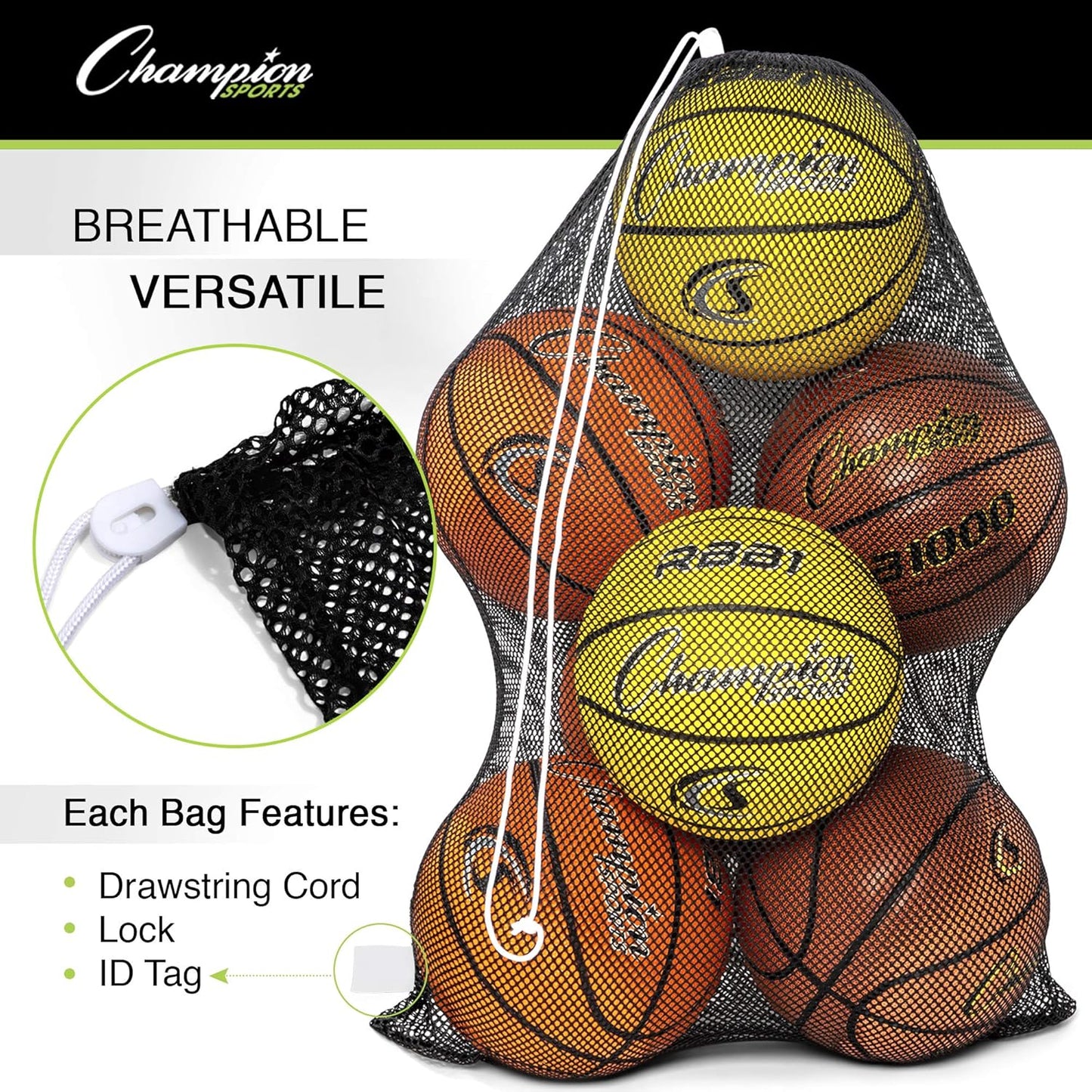 Champion Sports Mesh Equipment Bag – Heavy-Duty Nylon Drawstring Bag with Lock & ID Tag, Breathable Storage Sack for Balls, Swim Gear, Laundry & Toys, Multiple Sizes & Colors