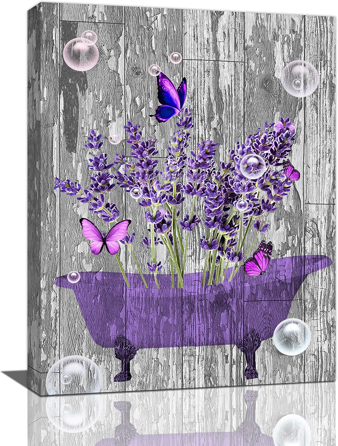 Lavender Bathroom Decor Wall Art Purple Farmhouse Bathroom Pictures for Wall Rustic Butterfly Bathtub Artwork Vintage Country Bathroom Grey White Painting Framed Bath Laundry Decorations 12"x16"