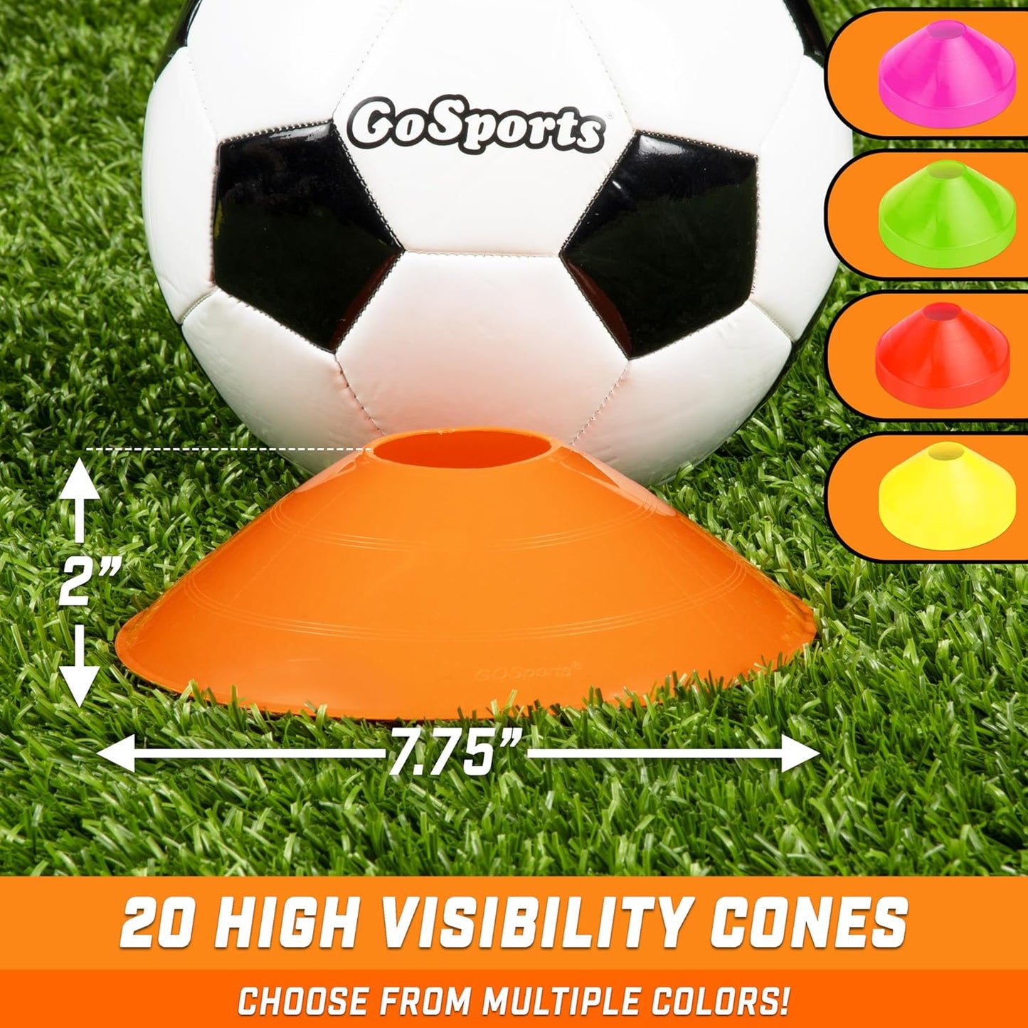 GoSports Premium Sports Cones for Agility Training and Drills - 20 Pack with Tote - Orange, Green, Pink, Yellow, or Red