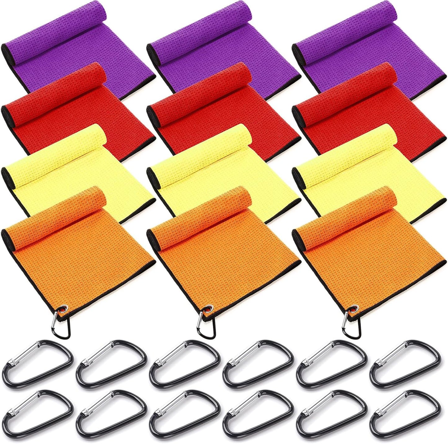 Batiyeer 12 Pcs Golf Towel Bulk for Golf Bags 16'' x 16'' Microfiber Fabric Towel with Clip Waffle Pattern, Fitness, Camping, Hiking, Yoga