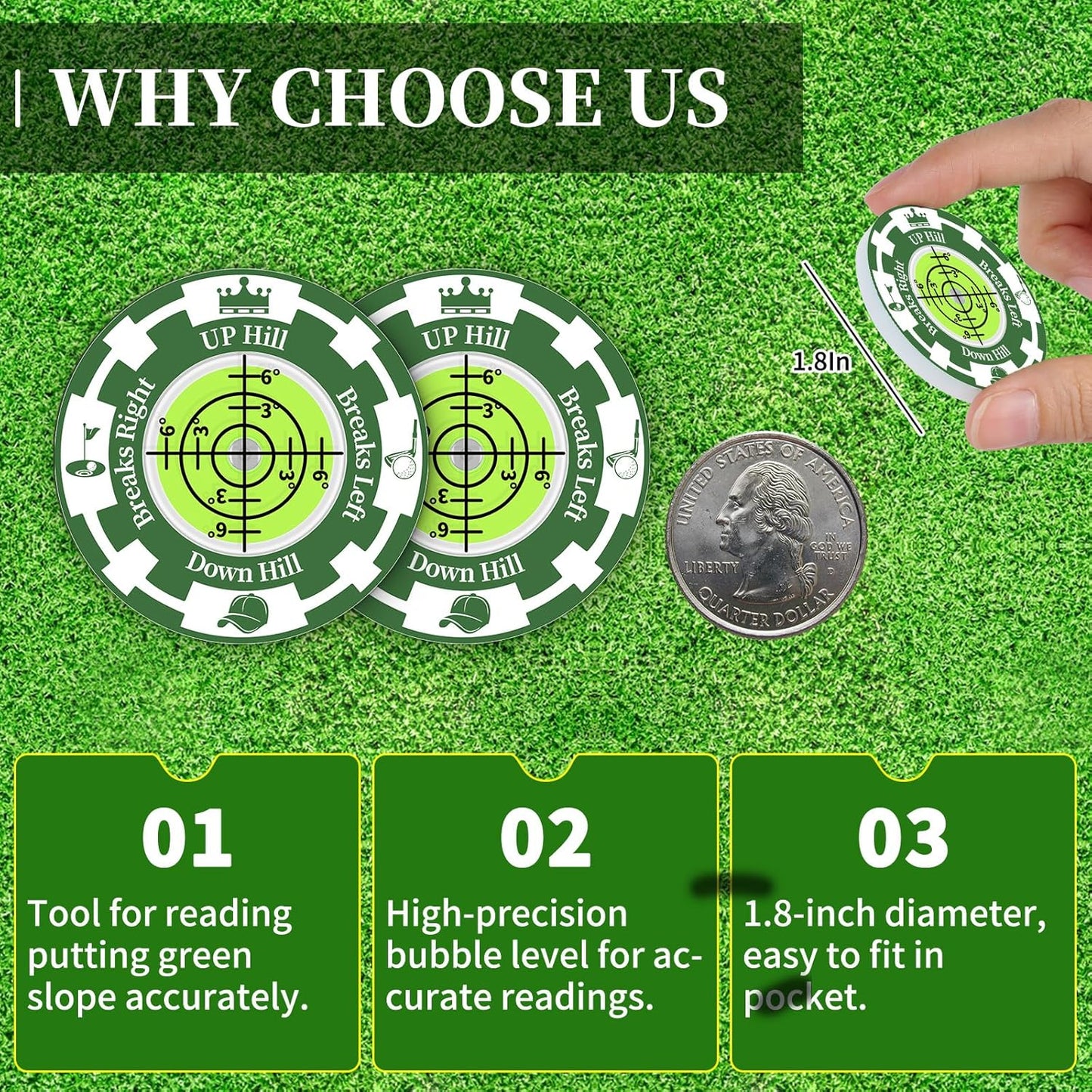 Golf Green Reader, 2 Pack Golf Ball Marker Hat Clip with High Precision Horizontal Bubble, Putting Training Aid Golf Accessories Tool Gift for Men Women