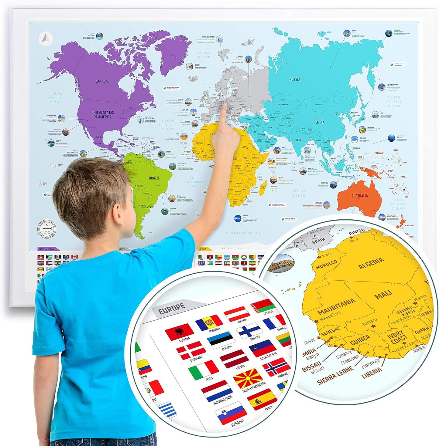 Large World Map for Wall - Poster with Flags & Capitals - Educational World Map for Kids & Adults - Colorful Global Maps with 50 Interesting Facts - Classroom & Homeschool Decor