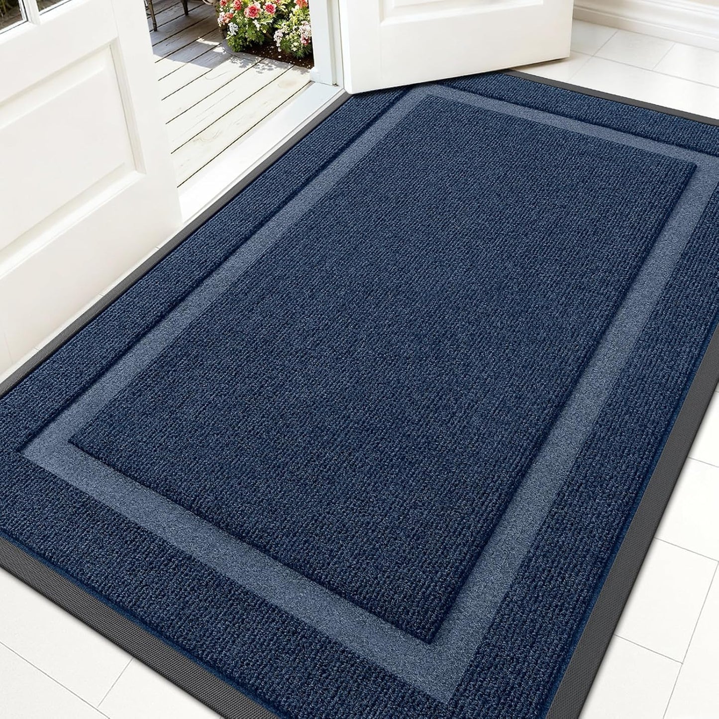 OLANLY Front Door Mat Indoor Outdoor Entrance, Waterproof All-Season, All-Weather Doormat, Sturdy Natural Rubber, Fade Resistant, Low Profile, Easy Clean Patio Porch Entryway Mat, 59x30, Blue