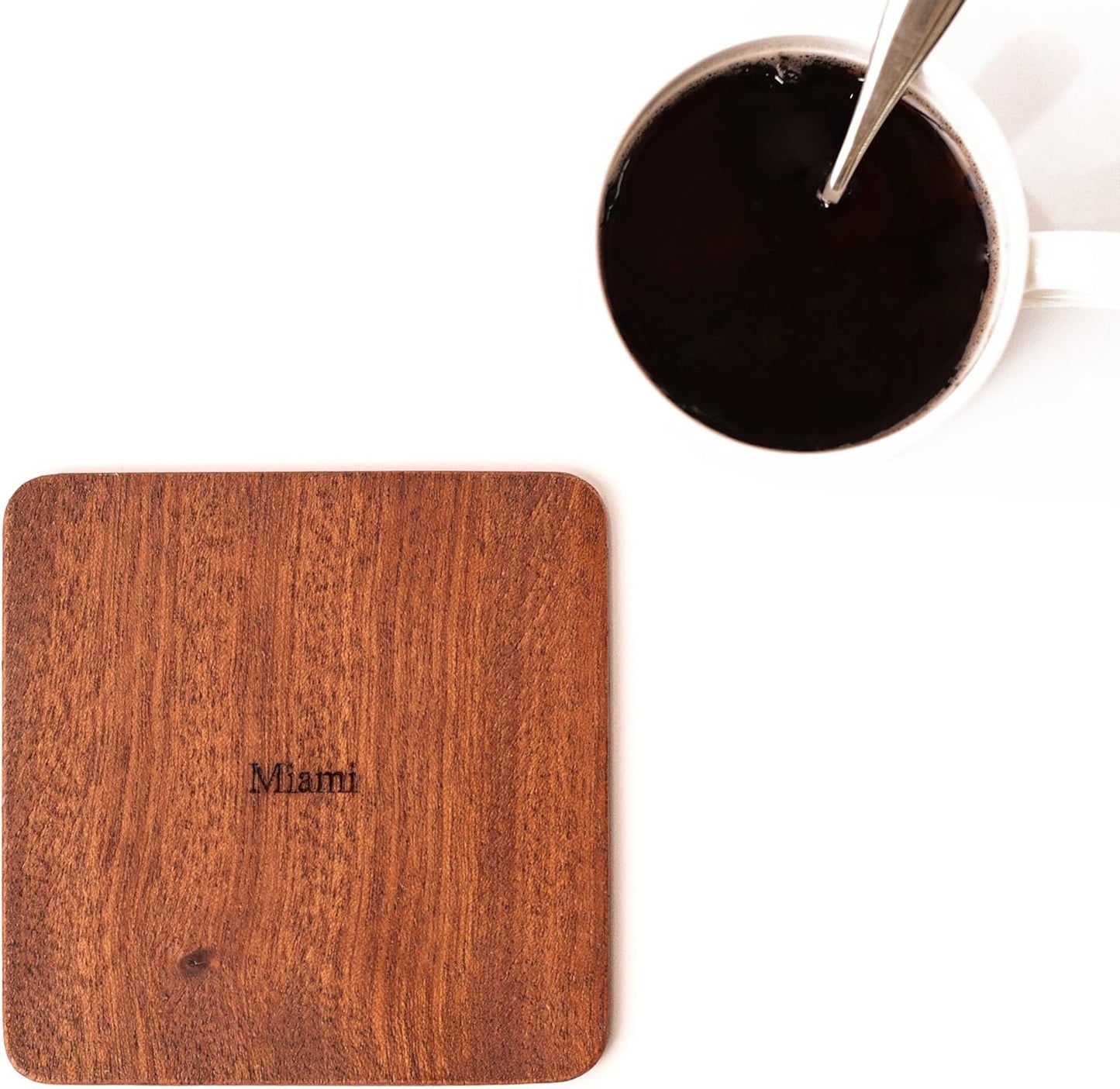 Miami Map Coaster by O3 Design Studio, Set Of 4, Sapele Wooden Coaster With City Map, Handmade