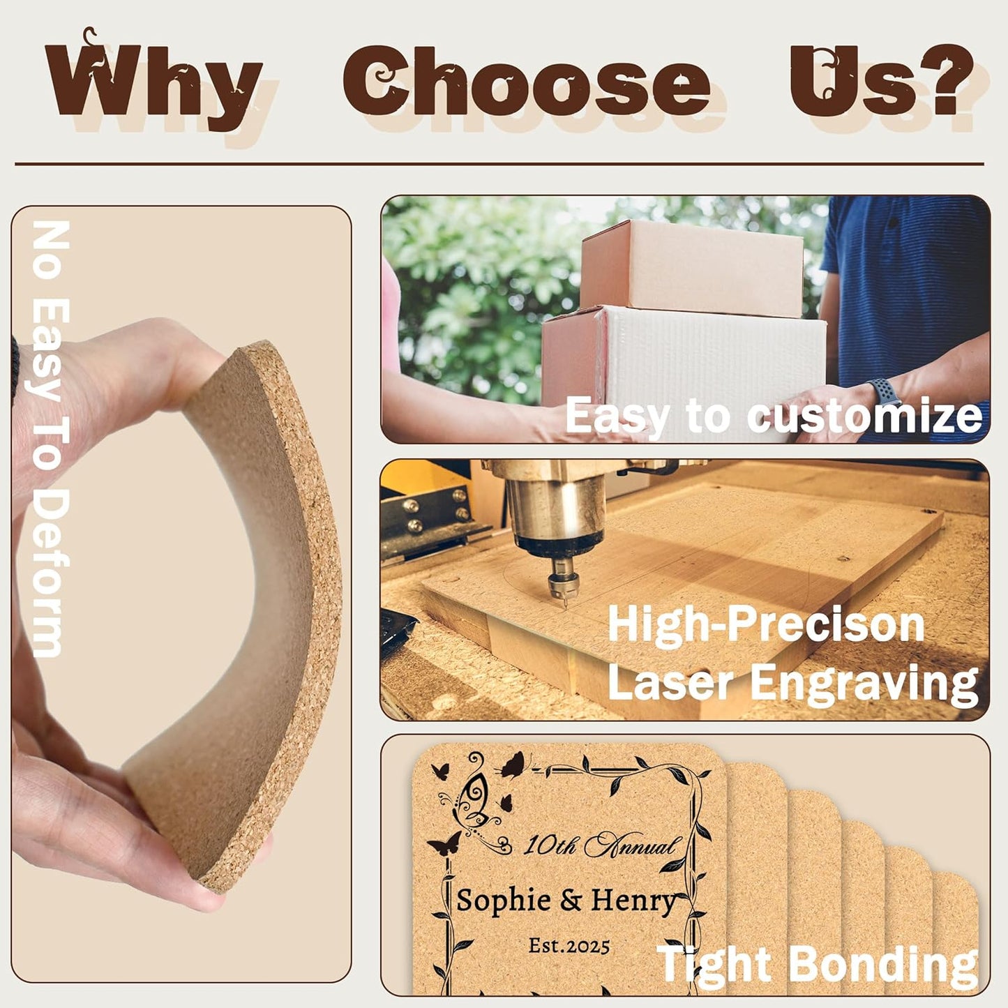 30-100Pcs Personalized Coasters, Custom Cork Drink Coasters with Laser Engraved Text Name Logo, Non-Slip, Heat-Resistant, Custom Wedding, Anniversary, Housewarming Gifts (Suqare Version)