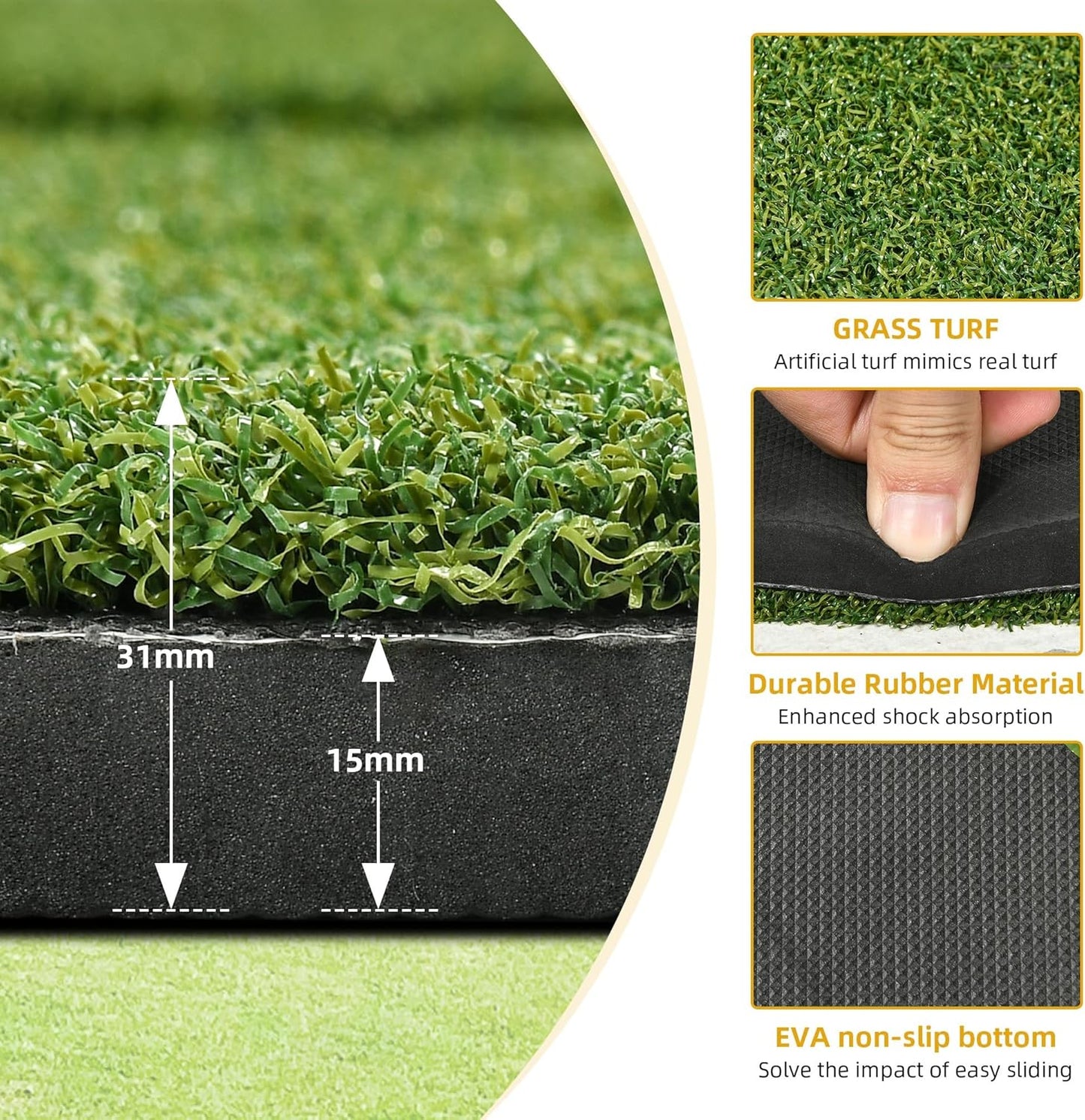5x4ft Golf Hitting Mat, Thickened 21mm/31mm/36mm Artificial Turf Golf Practice Mats for Indoor Outdoor Backyard Driving Swing Training with 9 PU Balls, 3 Rubber Tees, 7 Tees