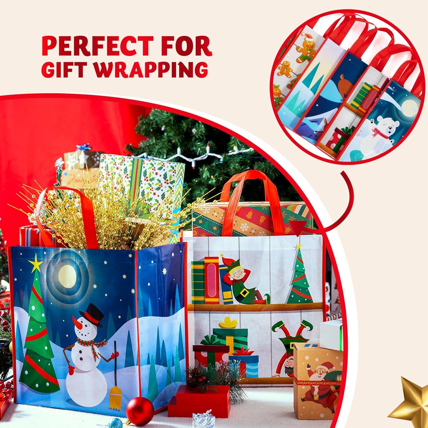 JOYIN 12 PCS Christmas Large Gift Bags with Handles 13.75" x 14", Non-Woven Tote Bag for Wrapping Xmas Party Favors, Reusable Grocery Bags, Party Supplies