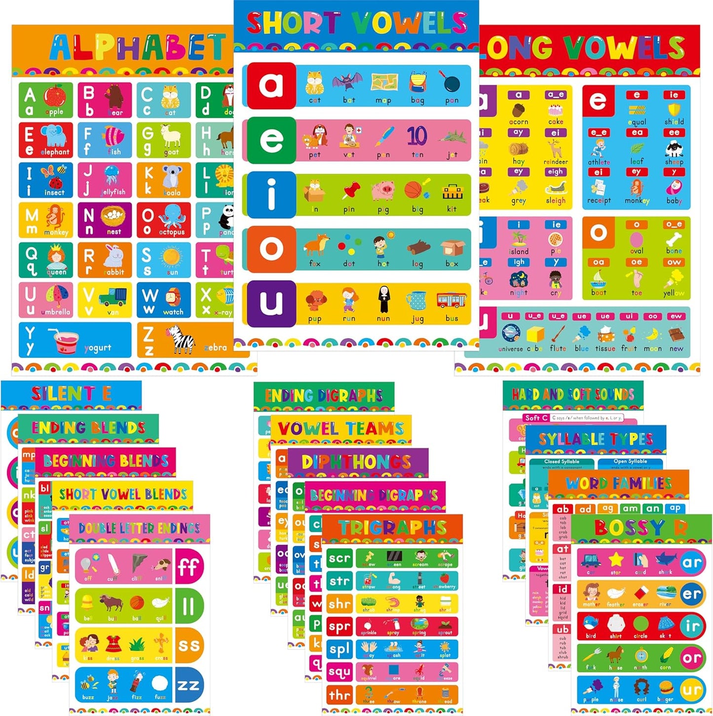 17 English Phonics Posters, Language Education Charts, Learning Vowels, Alphabet Posters, PET Film Covered Phonics Learning Tool For Kindergarten Classroom, Bulletin Board, Kids’ Room, 11”x16”