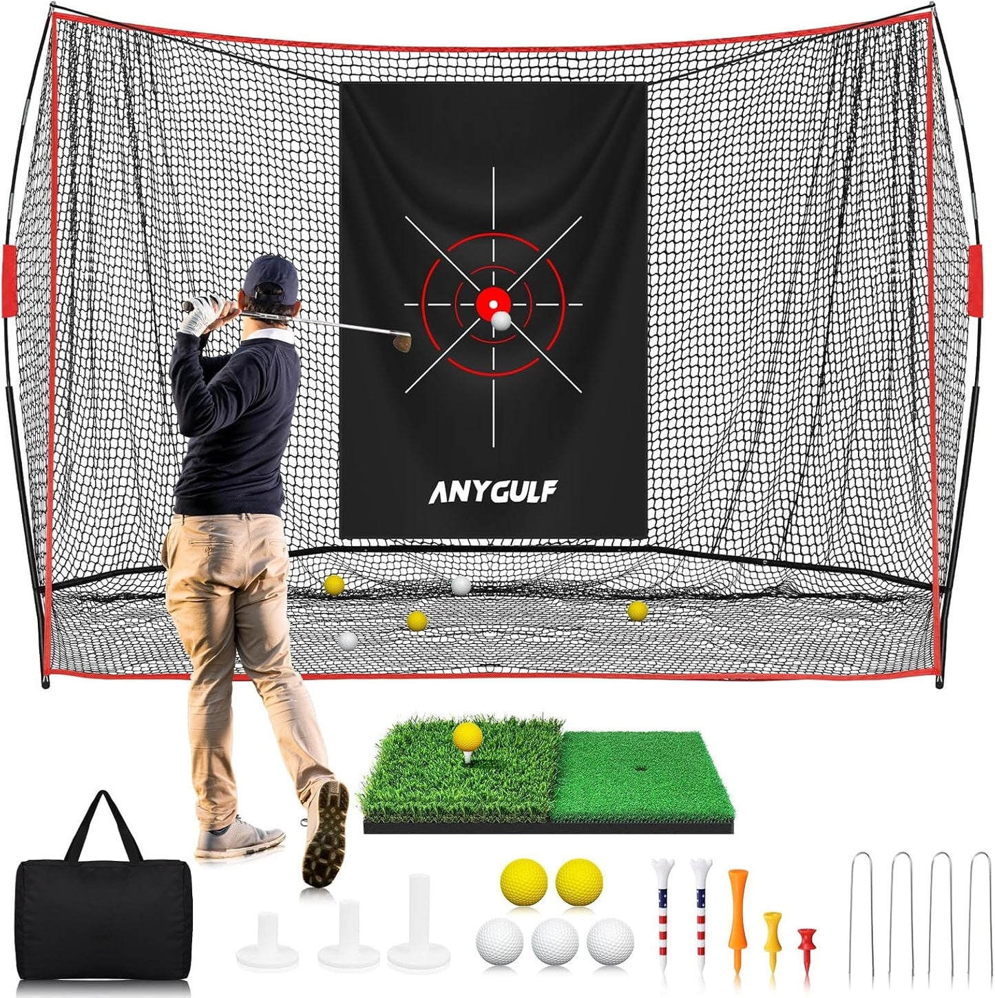 Pro Golf Net,Heavy Duty Golf Practice Net with Mat, Outdoor Indoor Hitting Nets with Noise Reduce Silk Target for Backyard Driving Chipping/Garage Training