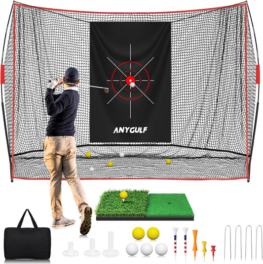 Pro Golf Net,Heavy Duty Golf Practice Net with Mat, Outdoor Indoor Hitting Nets with Noise Reduce Silk Target for Backyard Driving Chipping/Garage Training