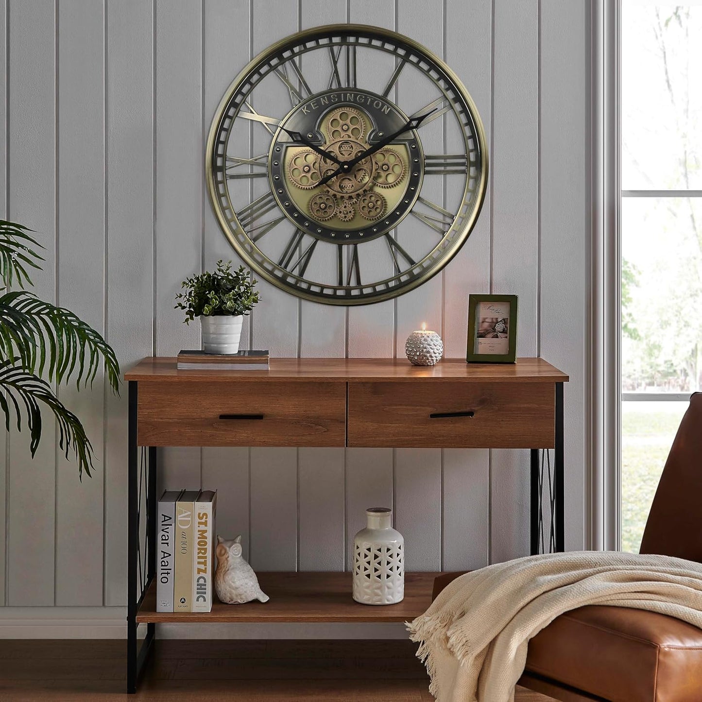 CLXEAST 21 Inch Large Moving Gears Wall Clock for Modern Farmhouse Living Room Decor, Brass Gold Roman Numerals Wall Clock Battery Operated,Reloj De Pared para Sala