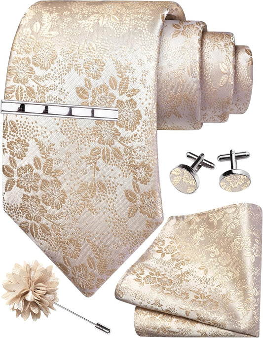 GUSLESON Tie Set for Men Necktie and Pocket Square,Tie Clip,Cufflinks, Lapel Pin Sets with Gift Box 5PCS