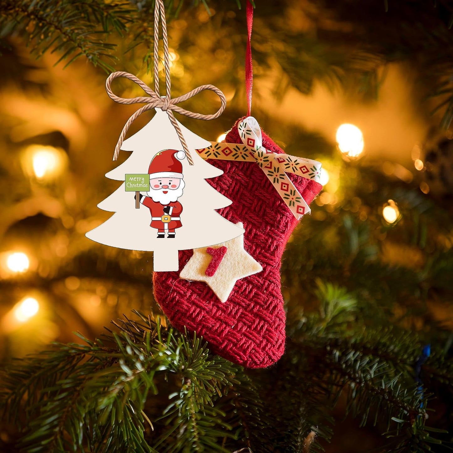 50PCS Unfinished Wood kit with Holes, Wood Slice for DIY Crafts, Blank Tree Wood Cutouts Wooden Tags Ornaments for Sign Gift Tags, Christmas Decorations Outdoor Indoor Decor (Christmas Tree Shape)